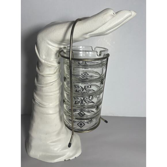 Vintage 6 Set Glass Ashtray Stackable Metal Holder Mid century Bar Ware Decor - Picture 1 of 5